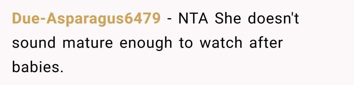 Due-Asparagus6479 − NTA She doesn't sound mature enough to watch after babies.
