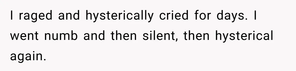 I raged and hysterically cried for days. I went numb and then silent, then hysterical again.