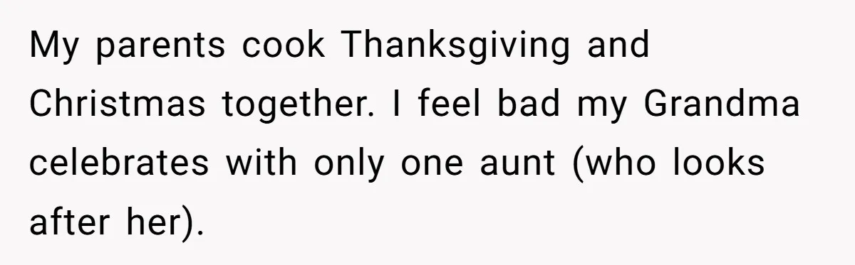 My parents cook Thanksgiving and Christmas together. I feel bad my Grandma celebrates with only one aunt (who looks after her).