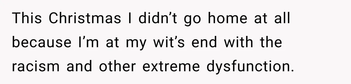 This Christmas I didn’t go home at all because I’m at my wit’s end with the racism and other extreme dysfunction.