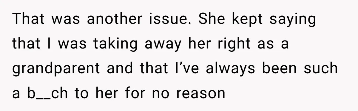 That was another issue. She kept saying that I was taking away her right as a grandparent and that I’ve always been such a b__ch to her for no reason