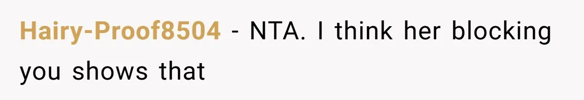 Hairy-Proof8504 − NTA. I think her blocking you shows that