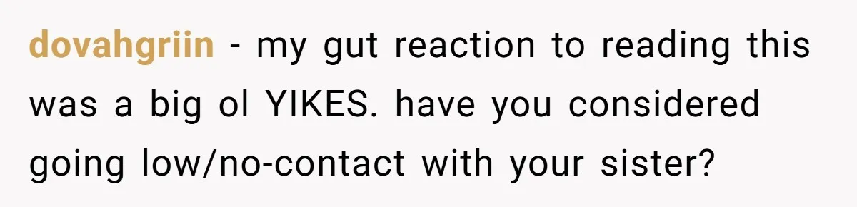 dovahgriin − my gut reaction to reading this was a big ol YIKES. have you considered going low/no-contact with your sister?