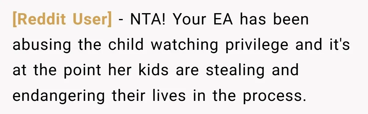 [Reddit User] − NTA! Your EA has been abusing the child watching privilege and it's at the point her kids are stealing and endangering their lives in the process.