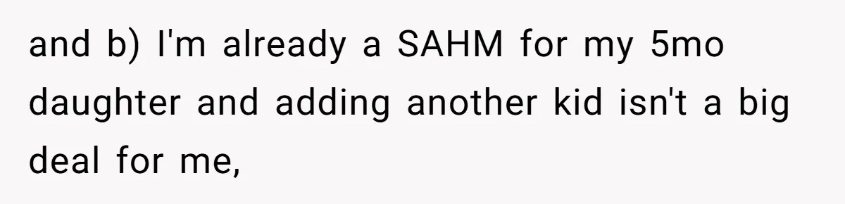 and b) I'm already a SAHM for my 5mo daughter and adding another kid isn't a big deal for me,