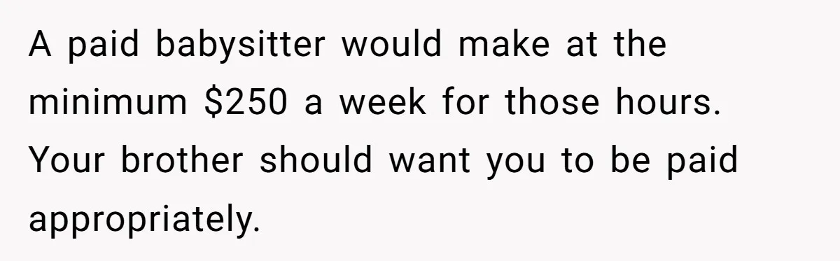 A paid babysitter would make at the minimum $250 a week for those hours. Your brother should want you to be paid appropriately.