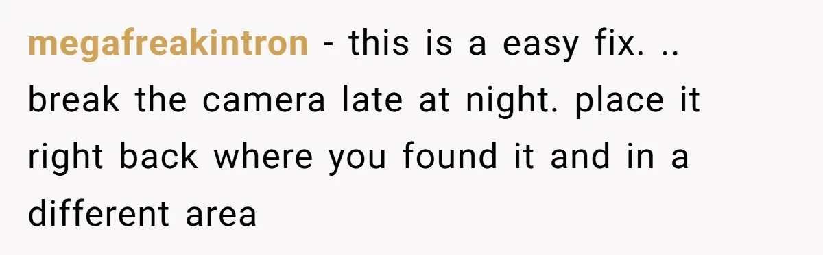 megafreakintron − this is a easy fix. .. break the camera late at night. place it right back where you found it and in a different area