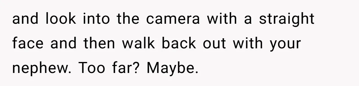 and look into the camera with a straight face and then walk back out with your nephew. Too far? Maybe.
