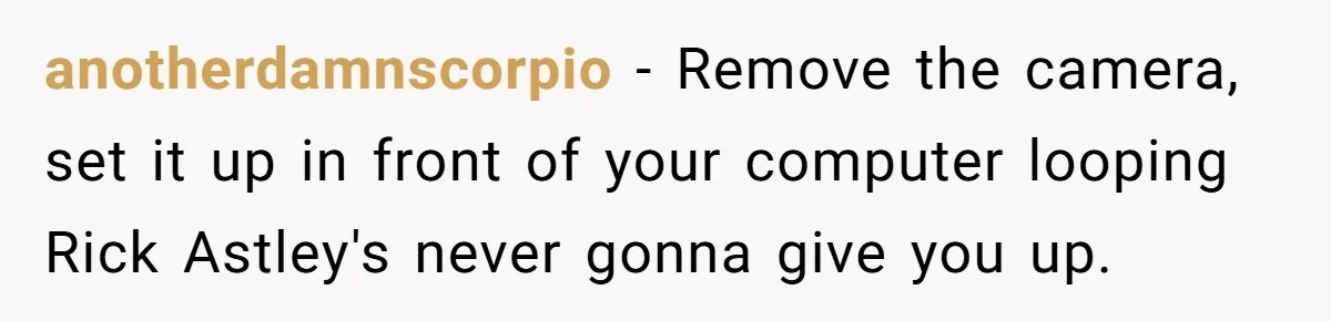 anotherdamnscorpio − Remove the camera, set it up in front of your computer looping Rick Astley's never gonna give you up.