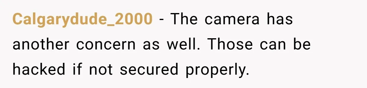 Calgarydude_2000 − The camera has another concern as well. Those can be hacked if not secured properly.