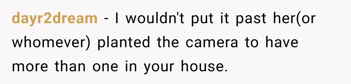 dayr2dream − I wouldn't put it past her(or whomever) planted the camera to have more than one in your house.