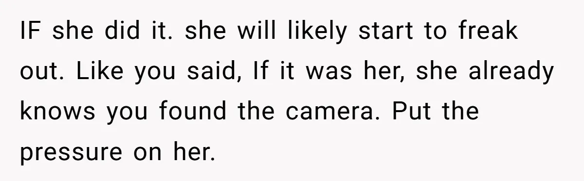 IF she did it. she will likely start to freak out. Like you said, If it was her, she already knows you found the camera. Put the pressure on her.