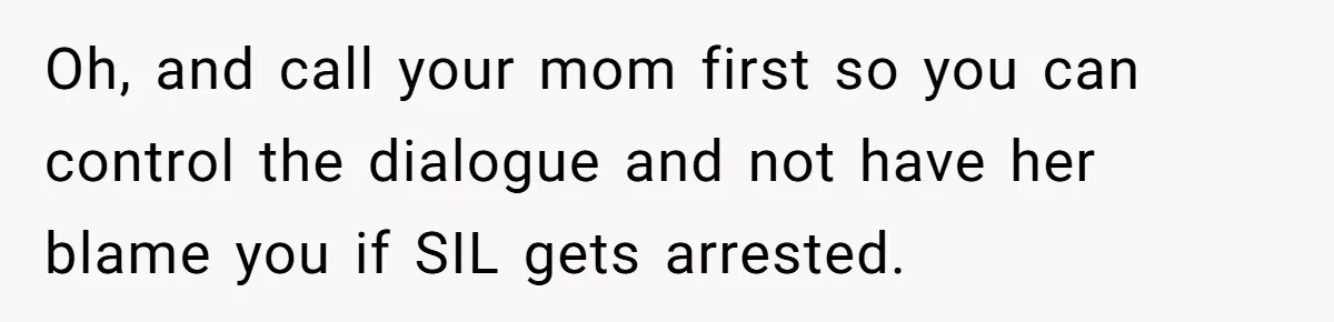 Oh, and call your mom first so you can control the dialogue and not have her blame you if SIL gets arrested.
