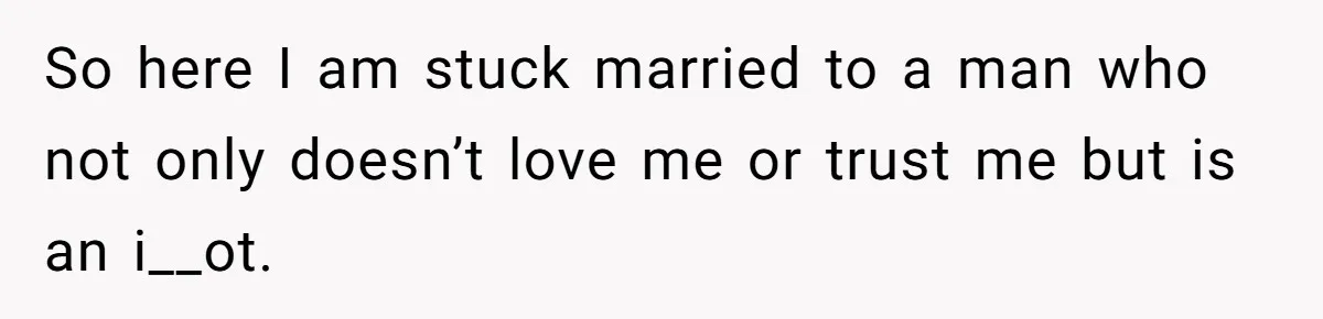 So here I am stuck married to a man who not only doesn’t love me or trust me but is an i__ot.