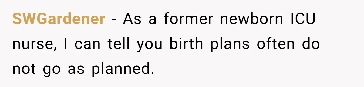 SWGardener − As a former newborn ICU nurse, I can tell you birth plans often do not go as planned.