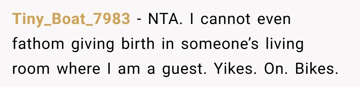 Tiny_Boat_7983 − NTA. I cannot even fathom giving birth in someone’s living room where I am a guest. Yikes. On. Bikes.