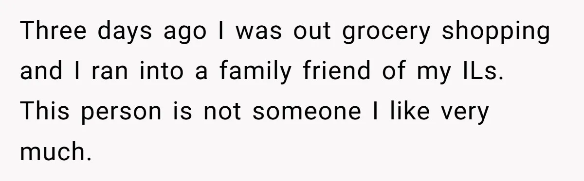 Three days ago I was out grocery shopping and I ran into a family friend of my ILs. This person is not someone I like very much.
