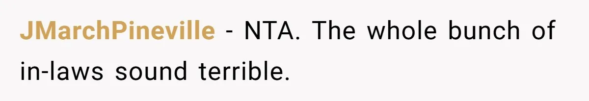 JMarchPineville − NTA. The whole bunch of in-laws sound terrible.