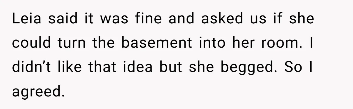 Leia said it was fine and asked us if she could turn the basement into her room. I didn’t like that idea but she begged. So I agreed.