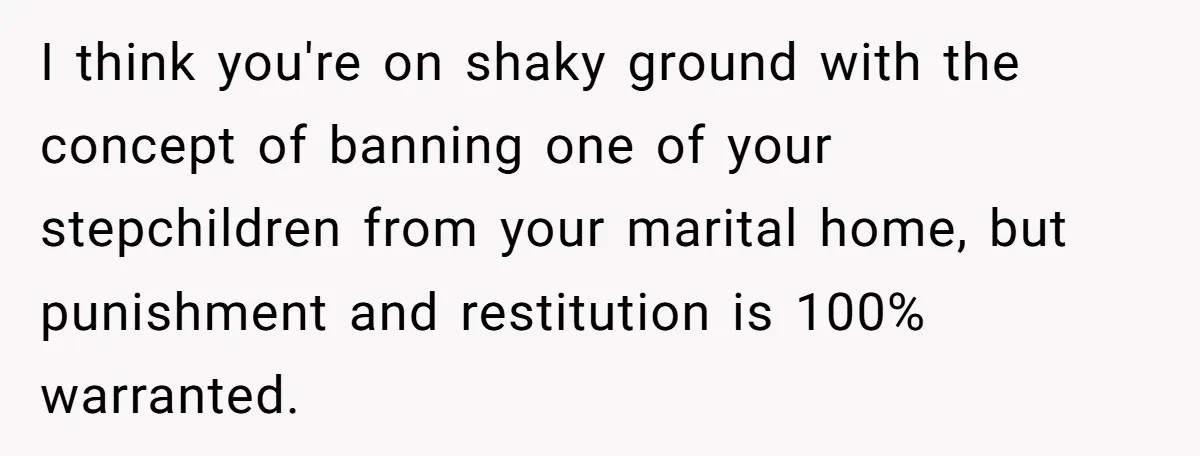 I think you're on shaky ground with the concept of banning one of your stepchildren from your marital home, but punishment and restitution is 100% warranted.