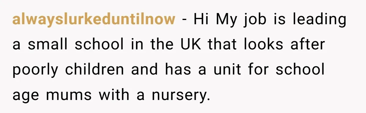 alwayslurkeduntilnow − Hi My job is leading a small school in the UK that looks after poorly children and has a unit for school age mums with a nursery.