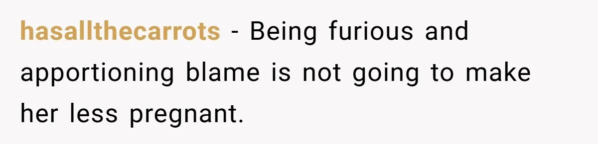 hasallthecarrots − Being furious and apportioning blame is not going to make her less pregnant.