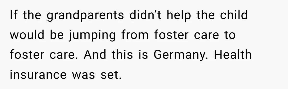 If the grandparents didn’t help the child would be jumping from foster care to foster care. And this is Germany. Health insurance was set.