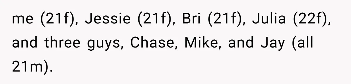 me (21f), Jessie (21f), Bri (21f), Julia (22f), and three guys, Chase, Mike, and Jay (all 21m).