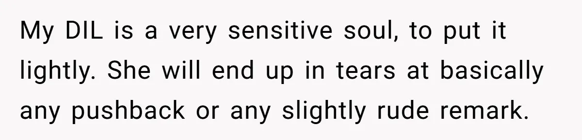 My DIL is a very sensitive soul, to put it lightly. She will end up in tears at basically any pushback or any slightly rude remark.
