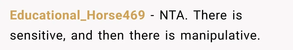 Educational_Horse469 − NTA. There is sensitive, and then there is manipulative.