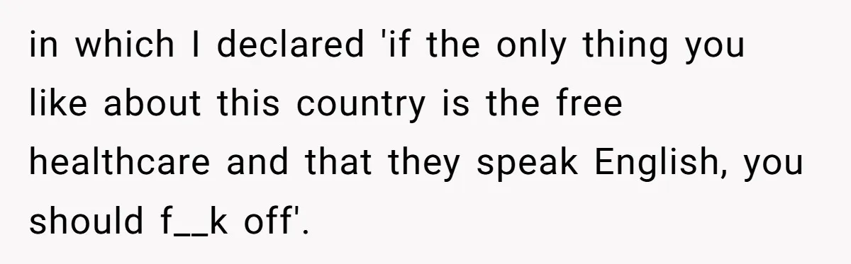 in which I declared 'if the only thing you like about this country is the free healthcare and that they speak English, you should f__k off'.