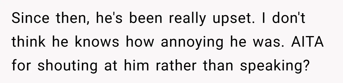 Since then, he's been really upset. I don't think he knows how annoying he was. AITA for shouting at him rather than speaking?