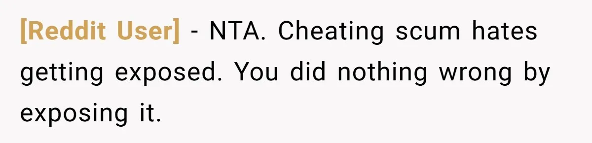 [Reddit User] − NTA. Cheating scum hates getting exposed. You did nothing wrong by exposing it.