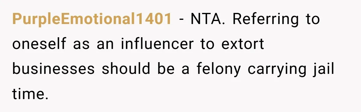 PurpleEmotional1401 − NTA. Referring to oneself as an influencer to extort businesses should be a felony carrying jail time.