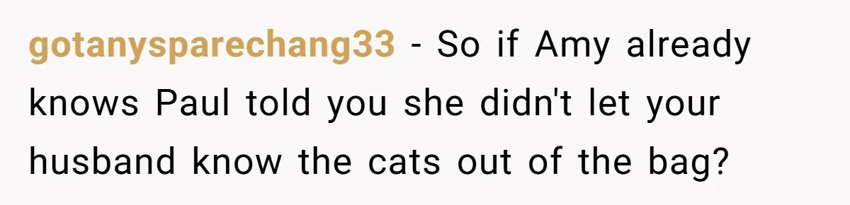 gotanysparechang33 − So if Amy already knows Paul told you she didn't let your husband know the cats out of the bag?