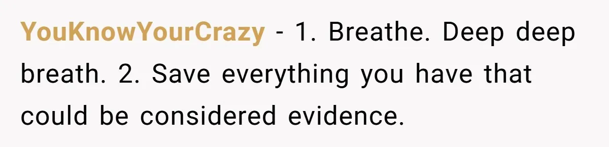 YouKnowYourCrazy − 1. Breathe. Deep deep breath. 2. Save everything you have that could be considered evidence.