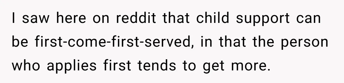 I saw here on reddit that child support can be first-come-first-served, in that the person who applies first tends to get more.