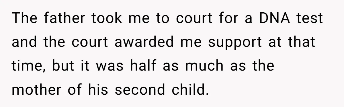 The father took me to court for a DNA test and the court awarded me support at that time, but it was half as much as the mother of his...