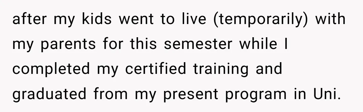after my kids went to live (temporarily) with my parents for this semester while I completed my certified training and graduated from my present program in Uni.
