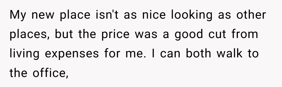 My new place isn't as nice looking as other places, but the price was a good cut from living expenses for me. I can both walk to the office,