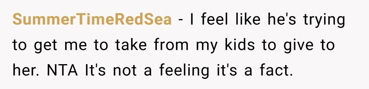 SummerTimeRedSea − I feel like he's trying to get me to take from my kids to give to her. NTA It's not a feeling it's a fact.