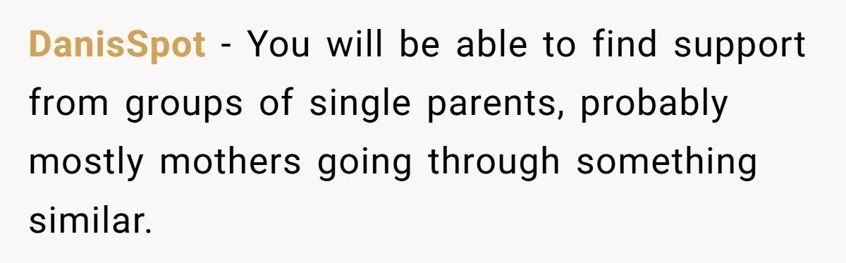 DanisSpot − You will be able to find support from groups of single parents, probably mostly mothers going through something similar.