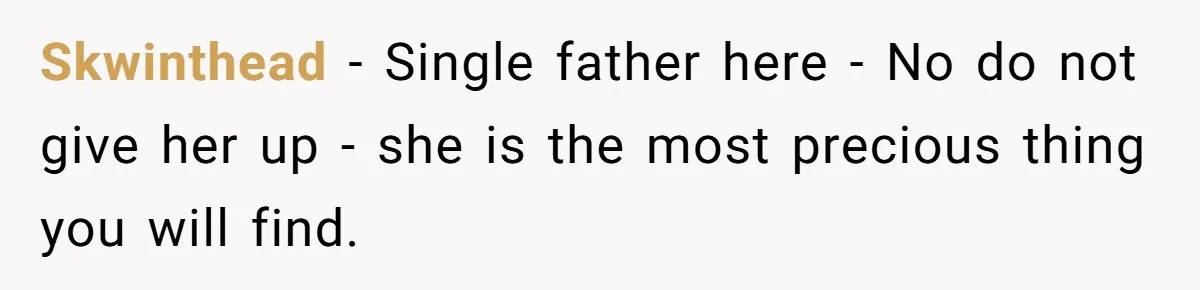 Skwinthead − Single father here - No do not give her up - she is the most precious thing you will find. ​
