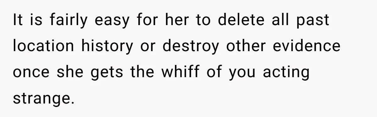 It is fairly easy for her to delete all past location history or destroy other evidence once she gets the whiff of you acting strange.
