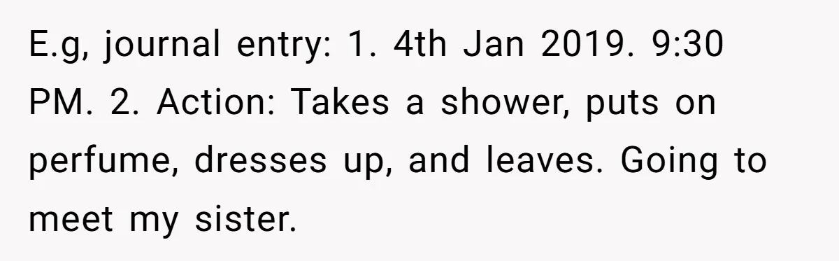 E.g, journal entry: 1. 4th Jan 2019. 9:30 PM. 2. Action: Takes a shower, puts on perfume, dresses up, and leaves. Going to meet my sister.