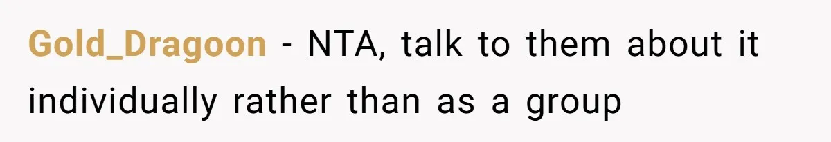 Gold_Dragoon − NTA, talk to them about it individually rather than as a group
