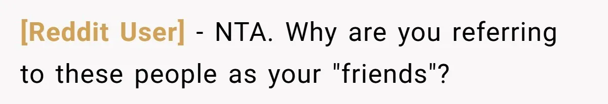 [Reddit User] − NTA. Why are you referring to these people as your "friends"?