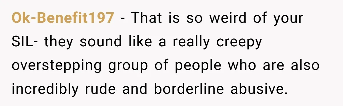 Ok-Benefit197 − That is so weird of your SIL- they sound like a really creepy overstepping group of people who are also incredibly rude and borderline abusive.