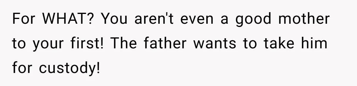 For WHAT? You aren't even a good mother to your first! The father wants to take him for custody!