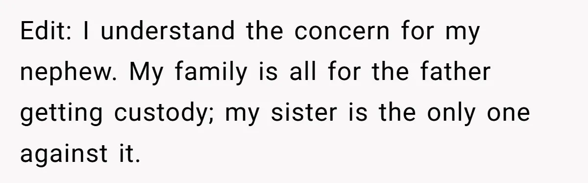 Edit: I understand the concern for my nephew. My family is all for the father getting custody; my sister is the only one against it.